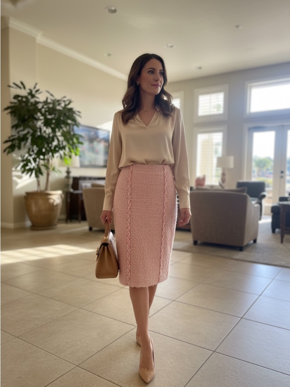 St. John Couture Pink Bouclé Knit Pencil Skirt | Wool Blend | Made in USA SZ 4